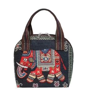 Embroidered Elephant Design Handbag - Black